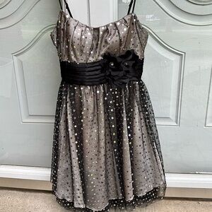 B. Darlin Sequin Party Dress Black & Silver With 3D Flowers Kremlin Skirt 1/2